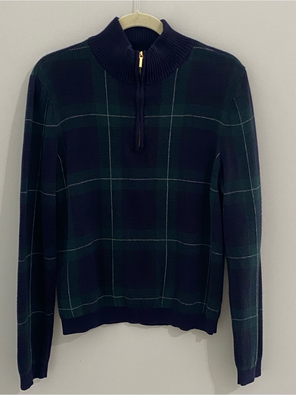 Chaps Men's Black Watch Plaid Quarter-Zip Pullover Knit Sweater - Size Large